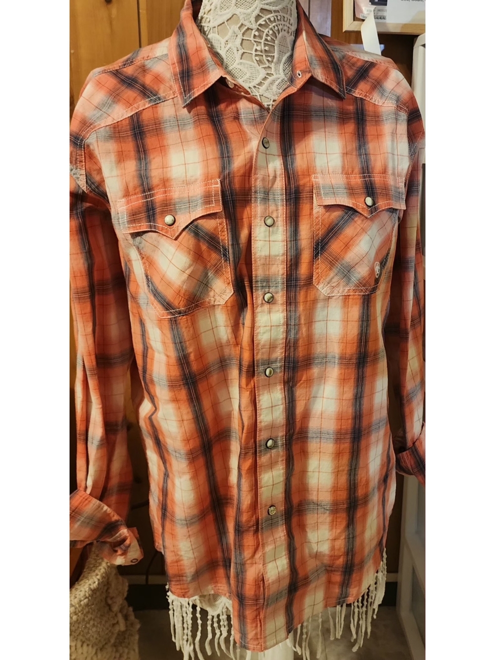 Ariat Retro Fit Coral & Navy Plaid Pearl Snap Western Shirt